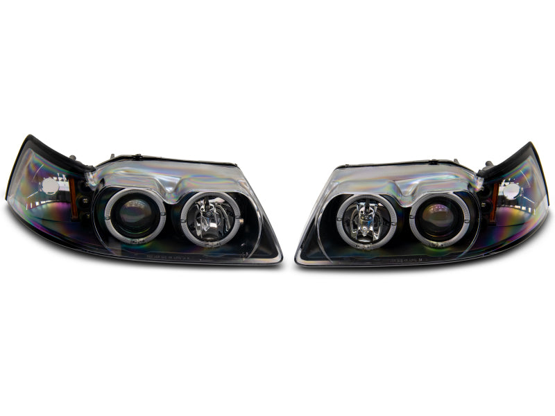 Phares de projecteur à double LED Raxiom pour Ford Mustang 99-04 - Boîtier noir (lentille transparente)