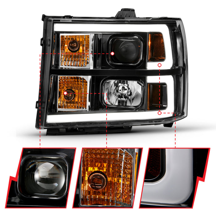 Phare de projecteur ANZO 2007-2013 Gmc Sierra 1500 style planche noir avec lentille transparente ambre