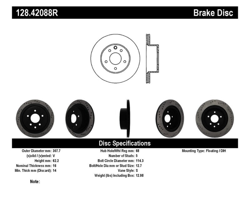 Disque de frein arrière droit percé StopTech 08-09 Infiniti EX35 / 05-08 G35 / 09 G37 / 06-09 M35/M45