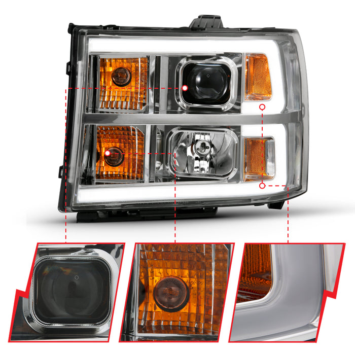 Phare de projecteur ANZO 2007-2013 Gmc Sierra 1500 style planche chromé avec lentille transparente ambre