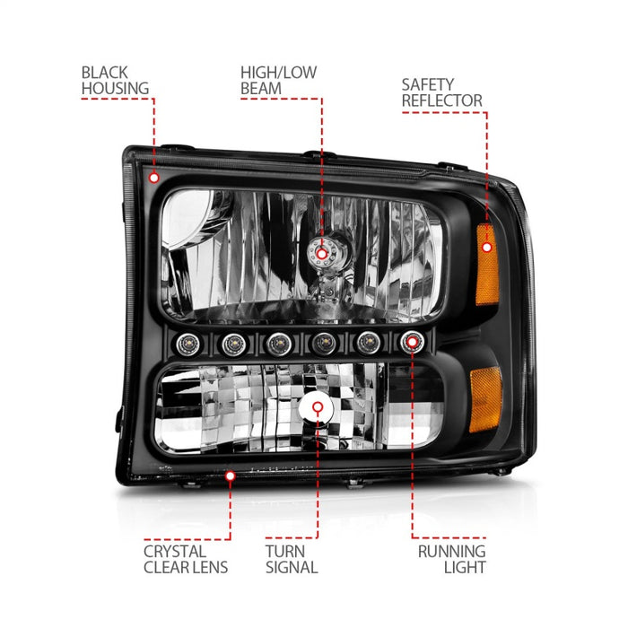 Phares avant en cristal ANZO 2000-2004 Ford Excursion noir avec LED 1 pièce