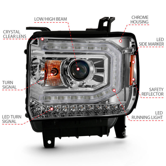 Phare de projecteur ANZO 2016-2019 Gmc Sierra 1500 style planche chromé avec signal ambre séquentiel