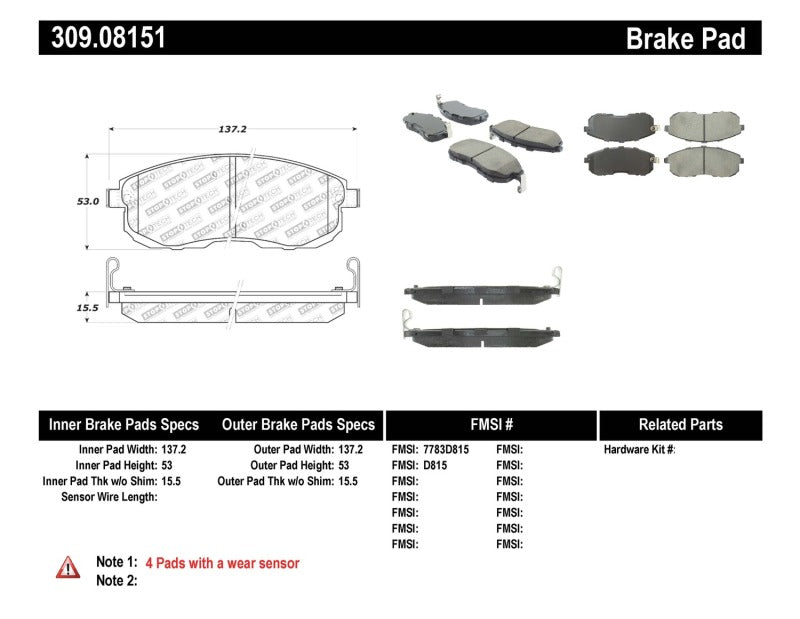 Plaquettes de frein avant StopTech Performance pour Infiniti I30/I35 02-04 et Nissan Altima 02-06
