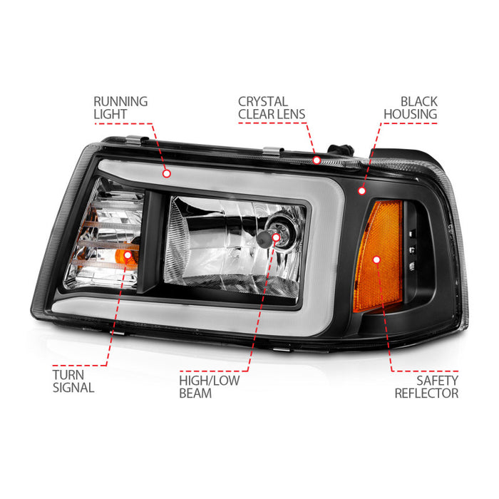 Phares en cristal ANZO 2001-2011 Ford Ranger avec barre lumineuse et boîtier noir