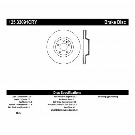 Rotor CRYO-STOP avant droit Centric Premium 03-18 Porsche Cayenne