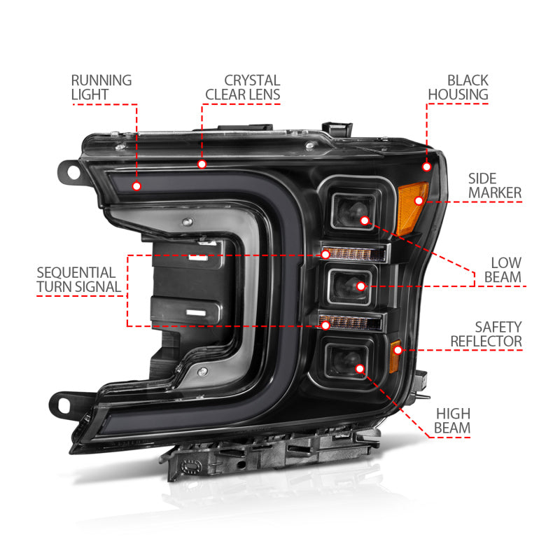 Phares de style barre de fumée à projecteur LED complet Anzo 18-20 Ford F-150 noir ambre