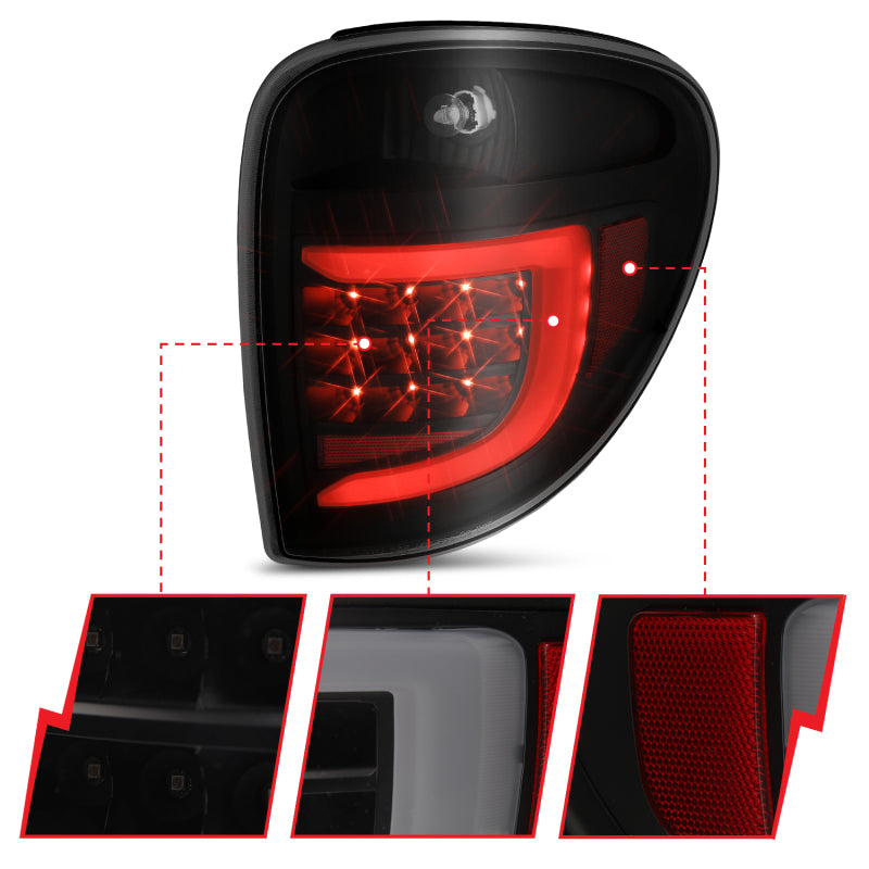 ANZO 2004-2007 Dodge Grand Caravan Feux arrière à LED avec barre lumineuse Boîtier noir Lentille fumée