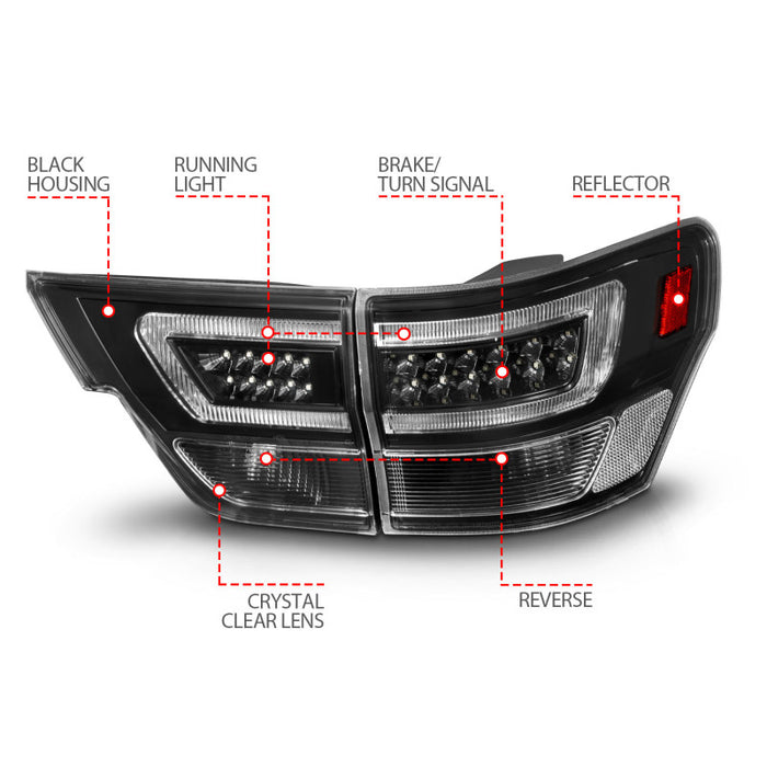 Feux arrière à LED ANZO 11-13 Jeep Grand Cherokee avec barre lumineuse Boîtier noir/lentille transparente 4 pièces