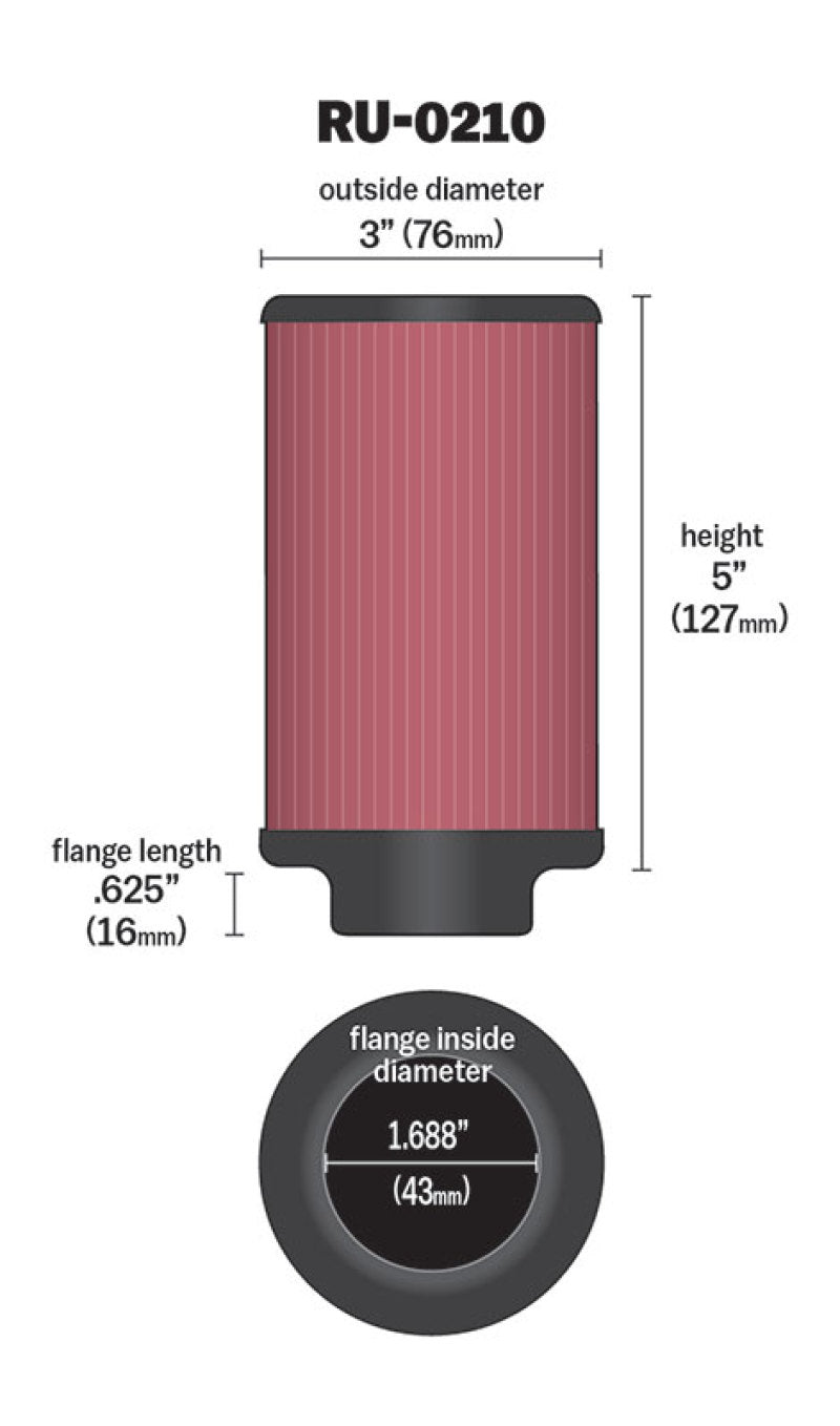 K&N Filter Universal Rubber Filter 1-11/16in FLG / 3in OD / 5in Height