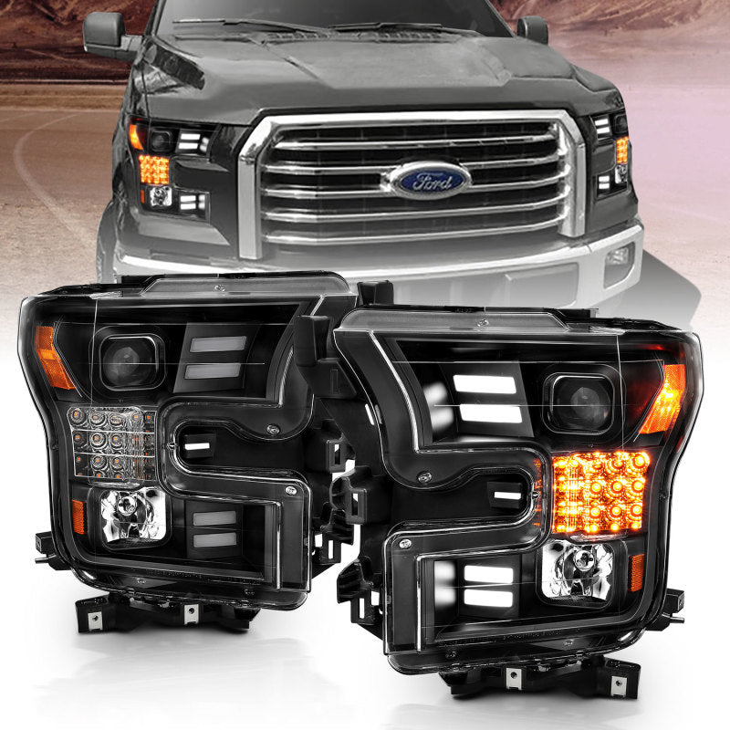 Phares de projet ANZO 15-17 Ford F-150 avec design de style planche noir avec clignotant séquentiel ambre