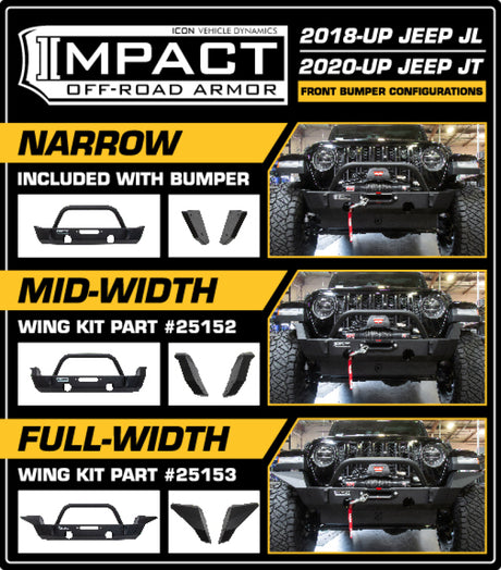 Pare-chocs avant à impact moyen ICON 2018+ Jeep Wrangler JL / 2020+ JT Ailes de largeur moyenne