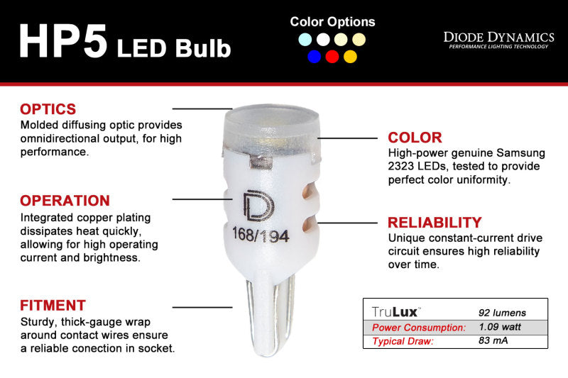 Ampoule LED Diode Dynamics 194 HP5 LED - Ambre Court (Paire)