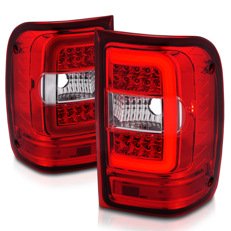 Feux arrière à LED ANZO 2001-2011 Ford Ranger avec barre lumineuse, boîtier chromé, lentille rouge/transparente