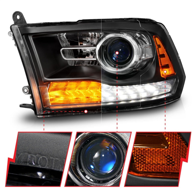 Phares à LED ANZO 09-18 Dodge Ram 1500/2500/3500 style planche Switchback + séquentiel - Noir mat
