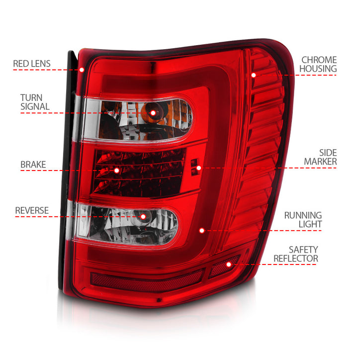 Feux arrière à LED ANZO 1999-2004 Jeep Grand Cherokee avec barre lumineuse, boîtier chromé, lentille rouge/transparente