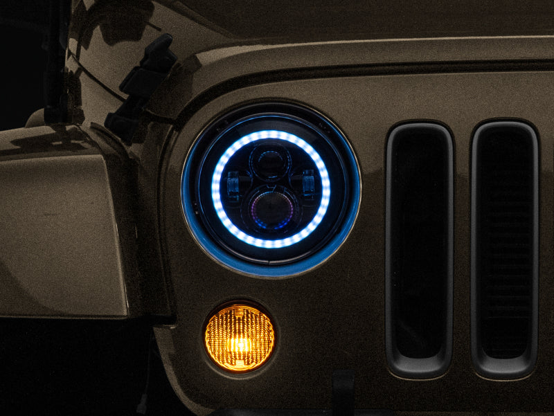 Phares à LED axiaux Raxiom 97-18 Jeep Wrangler TJ/JK 7 pouces avec halo RVB - Blk Hsng (lentille transparente)