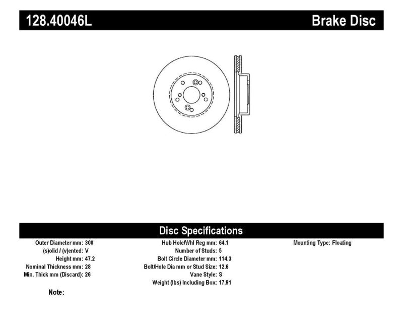 Rotor avant gauche percé transversalement StopTech pour Acura TL (calibre standard) 99-08 / CL 01-03 / TSX 04-09