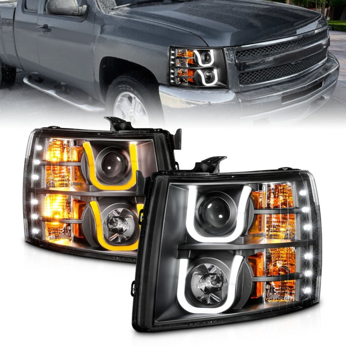 Phares de projecteur ANZO 2007-2013 Chevrolet Silverado 1500/2500 avec barre en U Switchback noir avec ambre