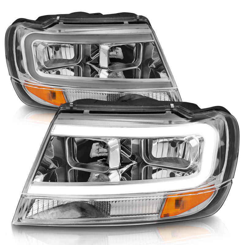 Phares en cristal ANZO 1999-2004 Jeep Grand Cherokee avec barre lumineuse et boîtier chromé