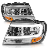 Phares en cristal ANZO 1999-2004 Jeep Grand Cherokee avec barre lumineuse et boîtier chromé