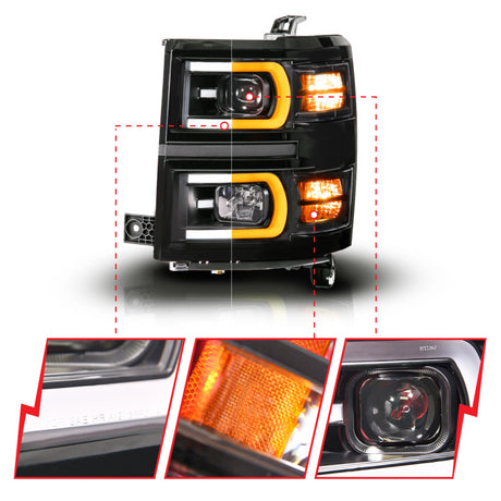 ANZO 14-15 Chevy Silverado 1500 Black Dual Switchback+Sequential LED Tube Sq. Projector Headlights