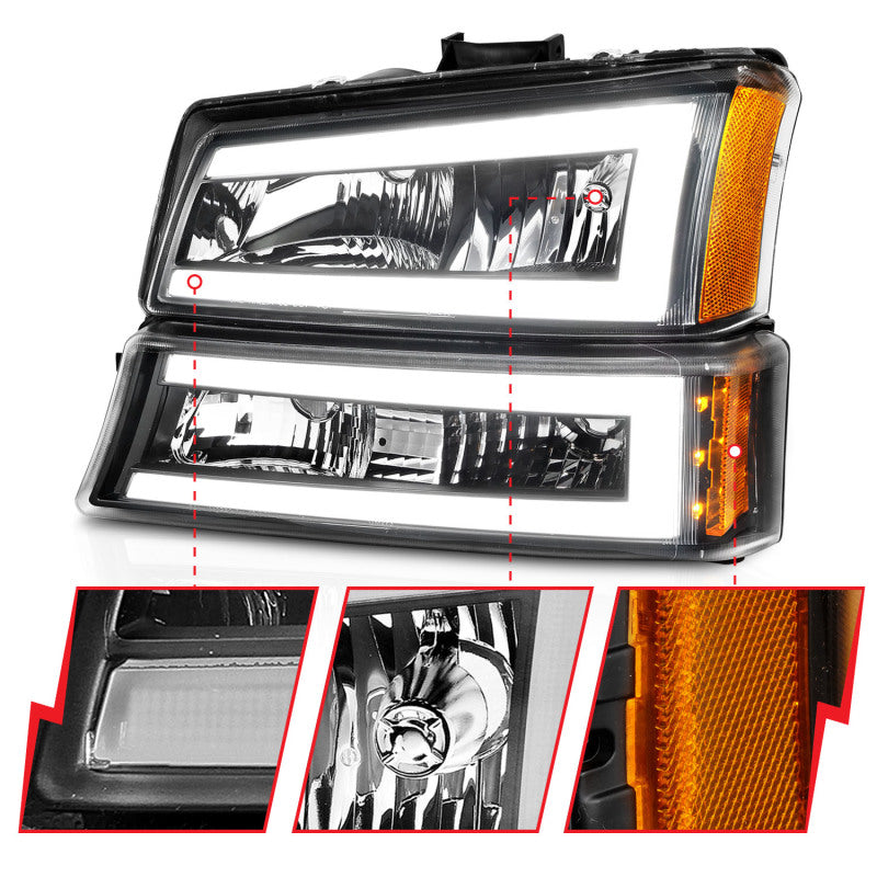 Phares en cristal ANZO 2003-2006 Chevrolet Silverado 1500 avec barre lumineuse et boîtier noir