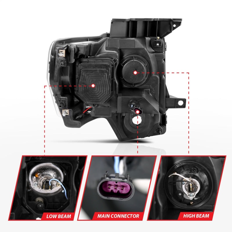 Phares de projecteur ANZO 2009-2014 Ford F-150 avec barre en U chromée