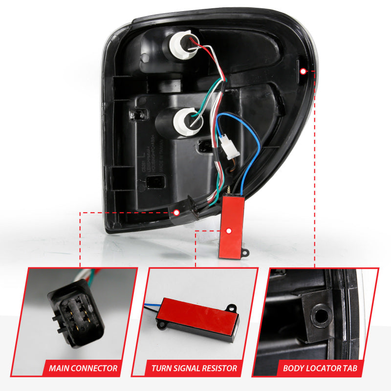 Feux arrière à LED ANZO 2004-2007 Dodge Grand Caravan avec barre lumineuse, boîtier noir, lentille transparente