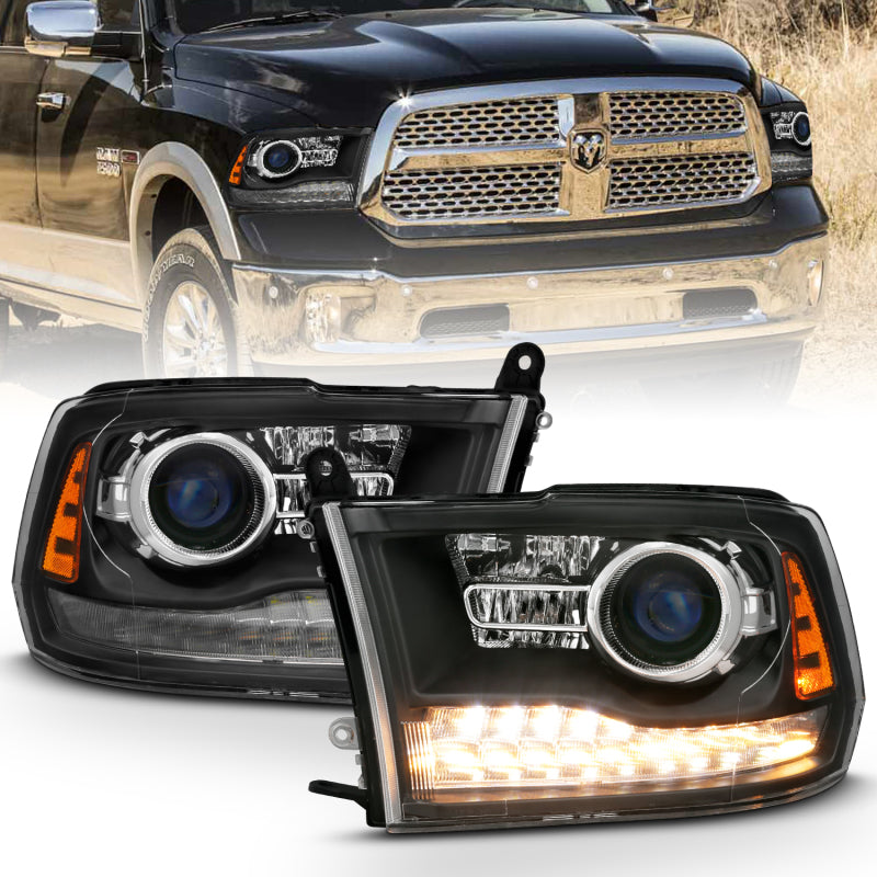 ANZO 2009-2018 Dodge Ram 1500 Phares de projecteur de style planche Halo avec Switchback Noir mat