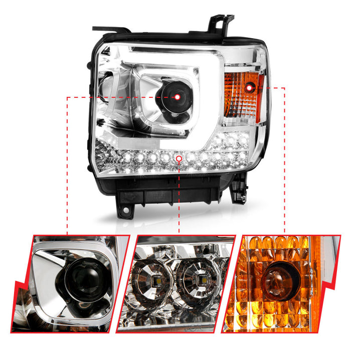 Phare de projecteur de style planche ANZO 14-15 GMC Sierra 1500/2500HD/3500HD - Boîtier chromé