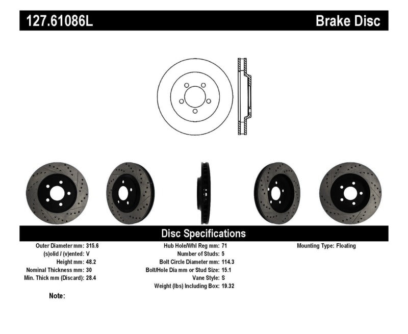 Rotor avant gauche rainuré et percé StopTech pour Ford Mustang GT 05-10