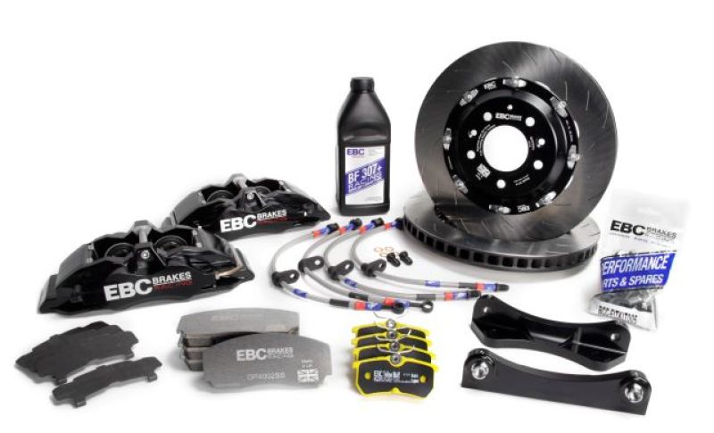 Kit de gros freins avant EBC Racing 15-17 Ford Fiesta (Mk7) Black Apollo-4 avec étriers et rotors de 300 mm