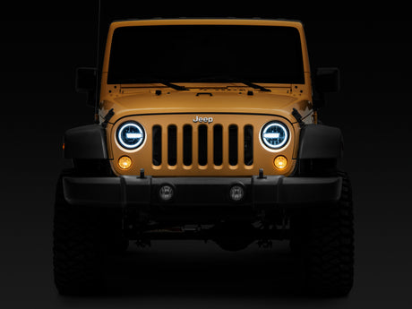 Phares à LED Raxiom 97-18 Jeep Wrangler TJ/JK 7 pouces avec halos - Boîtier noir (lentille transparente)