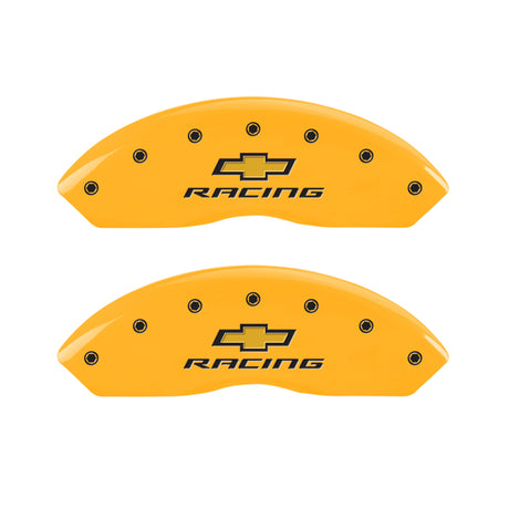 MGP 4 Caliper Covers Engraved Front & Rear Chevy Racing Yellow Power Coat Finish Black Characters