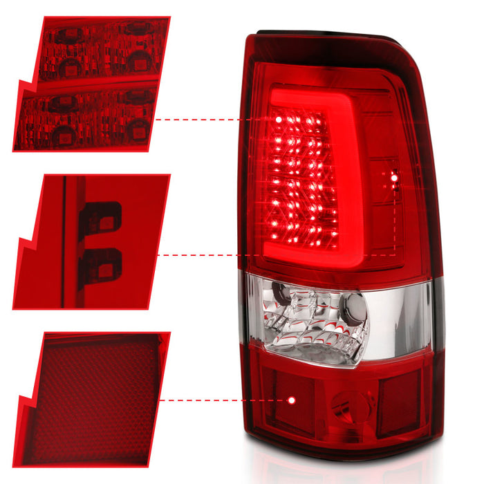 Feux arrière à LED ANZO 1999-2002 Chevy Silverado 1500 style planche chromé avec lentille rouge/transparente