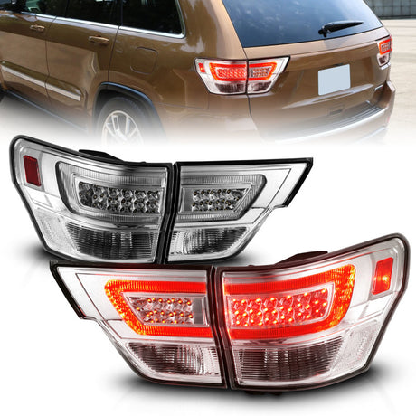Feux arrière à LED ANZO 11-13 Jeep Grand Cherokee avec barre lumineuse Boîtier chromé/lentille transparente 4 pièces