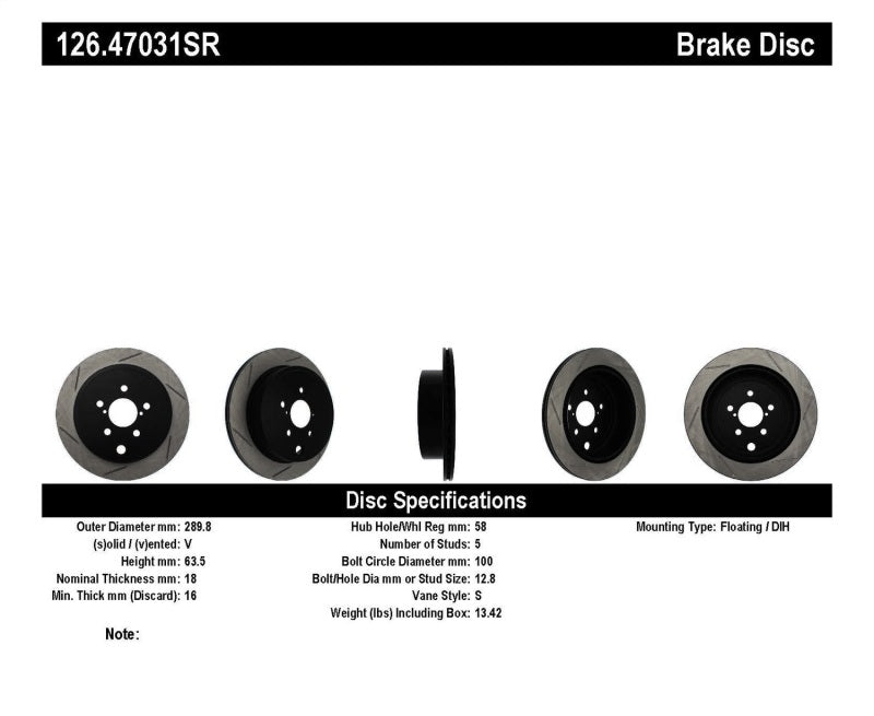 Rotor fendu arrière droit StopTech Power Slot 13 Scion FR-S / 13 Subaru BRZ