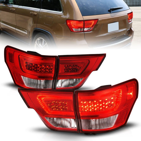 Feux arrière à LED ANZO 11-13 Jeep Grand Cherokee avec barre lumineuse Boîtier chromé Lentille rouge/transparente 4 pièces
