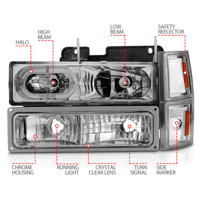 Phares en cristal ANZO 88-98 Chevrolet C1500 avec boîtier chromé et feux de position latéraux