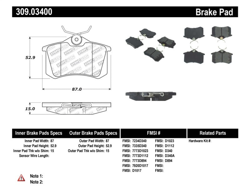 Plaquettes de frein arrière hautes performances StopTech 02-08 Audi A4 Quattro / 2/99-02 Audi S4 / 93-10 VW Golf GL/GLS