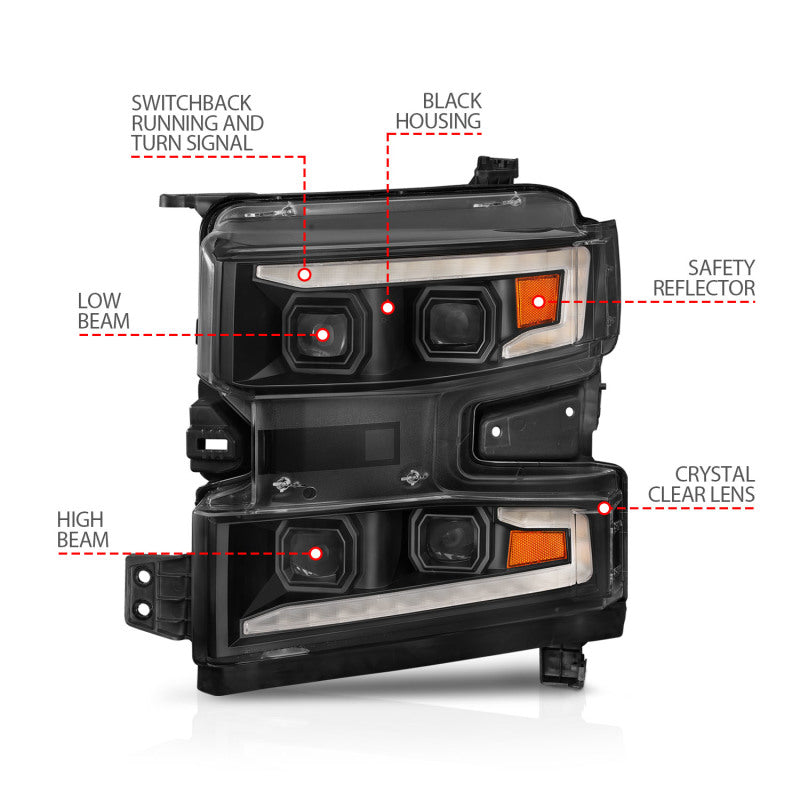 ANZO 19-22 Chevrolet Silverado 1500 LED Proj HL avec barre lumineuse SwBk Seq. Blk avec éclairage d'appoint - Côté conducteur allumé