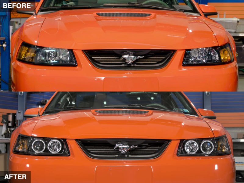 Phares de projecteur à double LED Raxiom pour Ford Mustang 99-04 - Boîtier noir (lentille transparente)