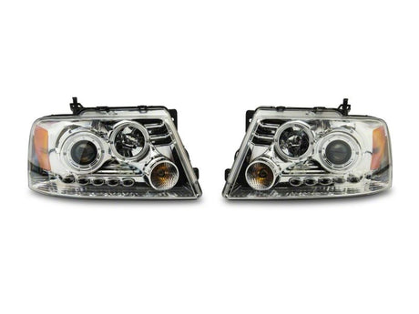 Phares de projecteur à double LED Raxiom 04-08 Ford F-150 - Boîtier chromé (lentille transparente)