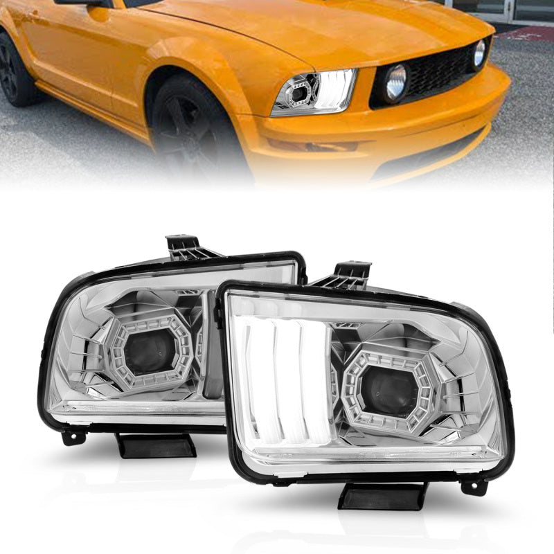 Phares de projecteur ANZO 05-09 Ford Mustang (avec halogène d'usine HL uniquement) avec boîtier chromé pour barre lumineuse