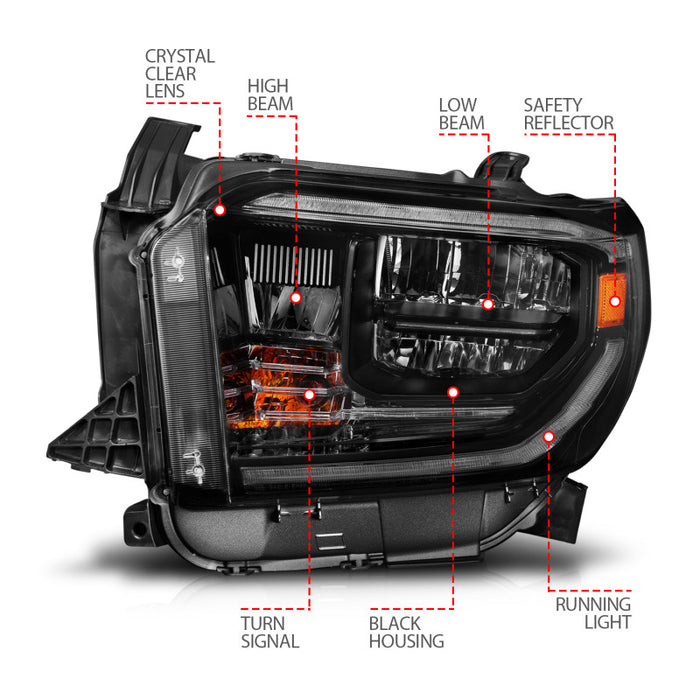 Phares à LED en cristal ANZO 2014-2017 Toyota Tundra avec boîtier noir Switchback avec DRL