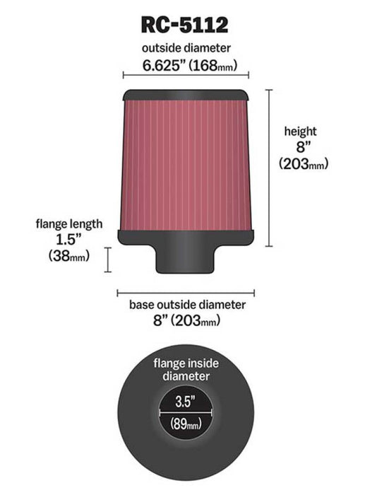 Filtre en caoutchouc universel K&amp;N Filter Bride de 3,5 pouces Hauteur supérieure de 6,625 pouces Trou central de 8 pouces