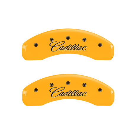 MGP 4 Caliper Covers Engraved Front & Rear Cursive/Cadillac Yellow finish black ch