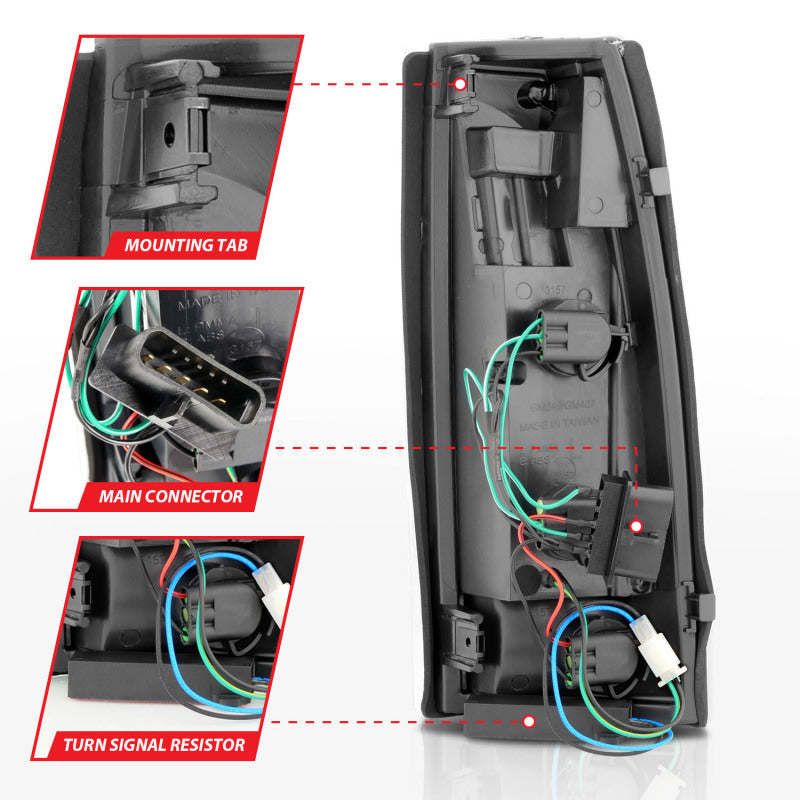 Feux arrière à LED ANZO 1999-2000 Cadillac Escalade Boîtier noir Lentille transparente Paire