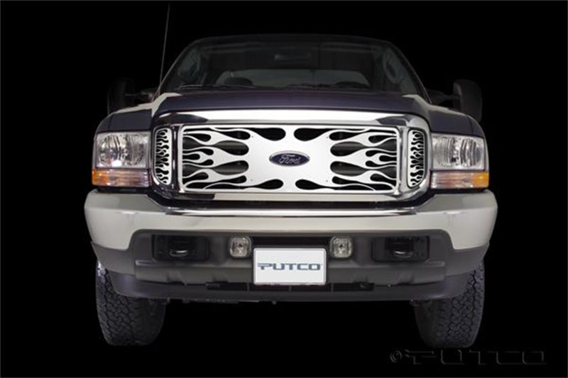 Grille de calandre en acier inoxydable Flaming Inferno pour Ford SuperDuty 99-04 avec découpe de logo (avec aérations latérales)