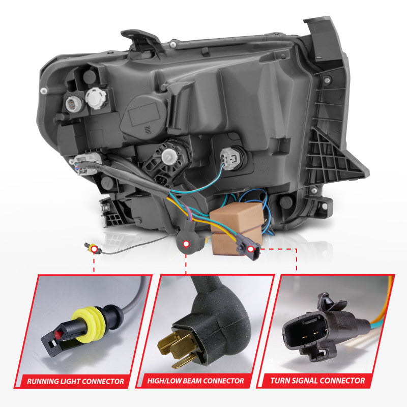 Phares à LED en cristal ANZO 2014-2017 Toyota Tundra avec boîtier chromé Switchback avec DRL